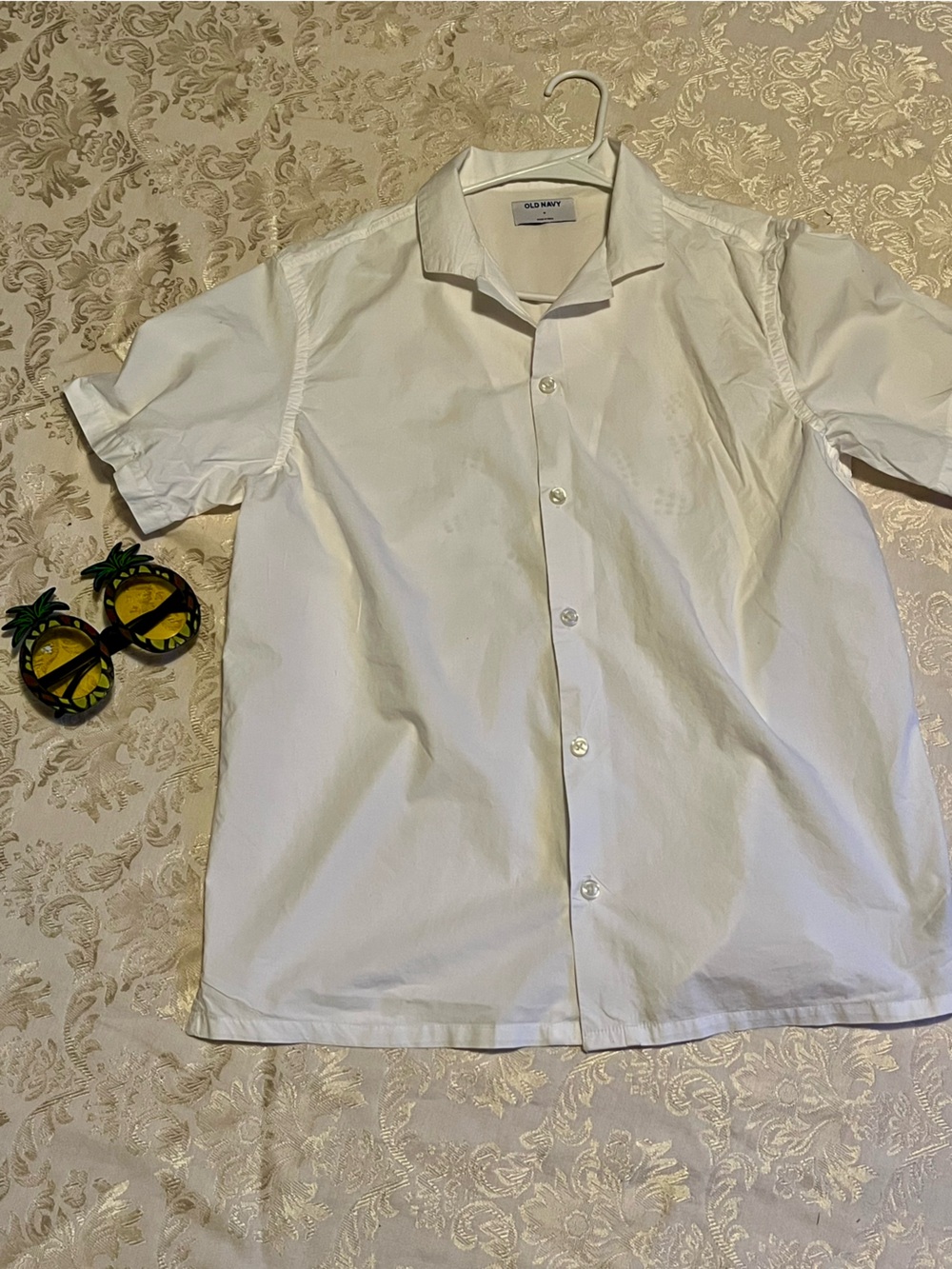Old Navy Mens M White Cotton Short Sleeve Camp Shirt Sun Embroidered Cutout EUC